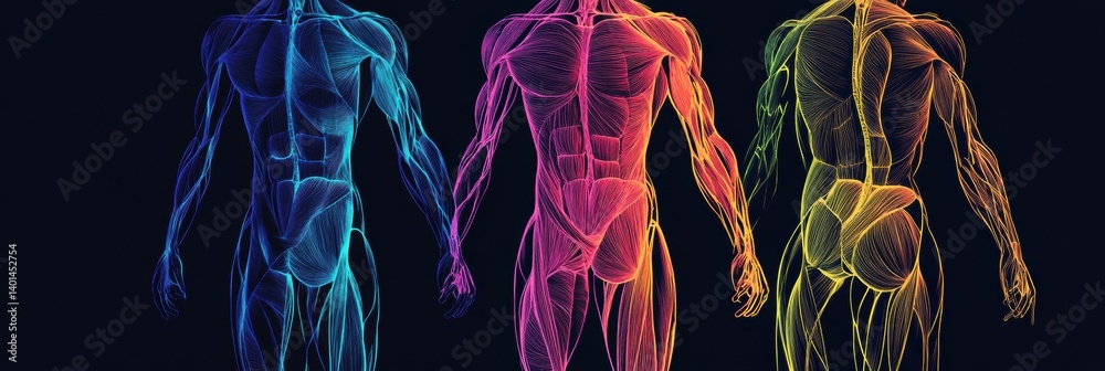 Aufkleber color-coded graphic illustrating human muscle groups in a minimal design on a black background showc