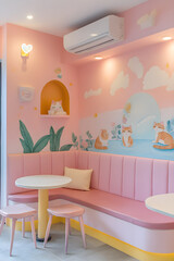 Charming Pet-Friendly Cafe Adorned with Pastel Murals and Lounging Cats