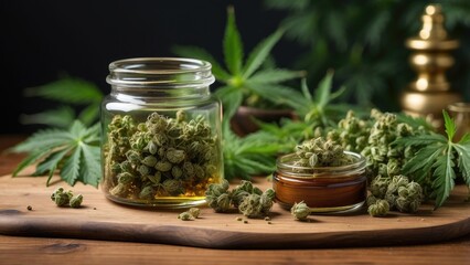 A wooden table surface features vibrant green cannabis leaves and buds on the left side