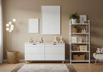 Softly lit nursery with white dresser, plush toys, plants, and cozy decor against beige wall with blank white canvas