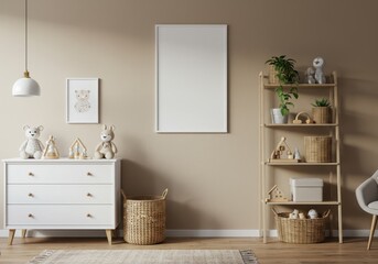 Softly lit nursery with white dresser, plush toys, plants, and cozy decor against beige wall with blank white canvas
