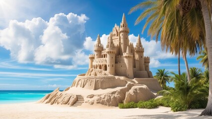 A scenic beach view featuring two sandcastles on a sandy shoreline, with a backdrop of turquoise ocean water and a clear blue sky dotted with fluffy white clouds