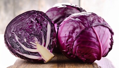 Obraz premium fresh organic red cabbage bunches for healthy cooking and salad preparation