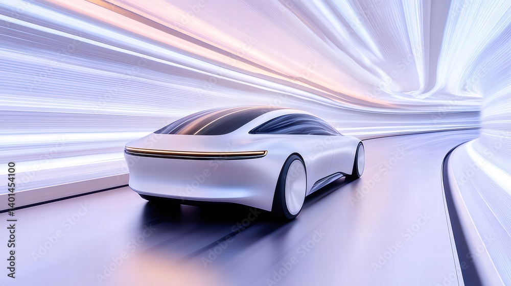 Poster 近未来的な白い自動車が光るトンネルを疾走するデザインコンセプト 3dレンダリング