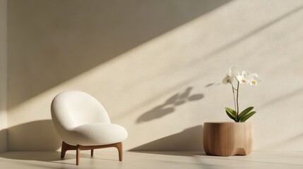 Scandinavian Living Room Cream Boucle Chair and Orchid - Serene minimalist living room scene.Features a cream boucle armchair, wooden side table, and white orchid, symbolizing comfort, nature