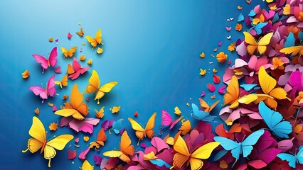 A vibrant display of butterflies in various colors, including blues, oranges, yellows, and reds, arranged in the shape of a heart