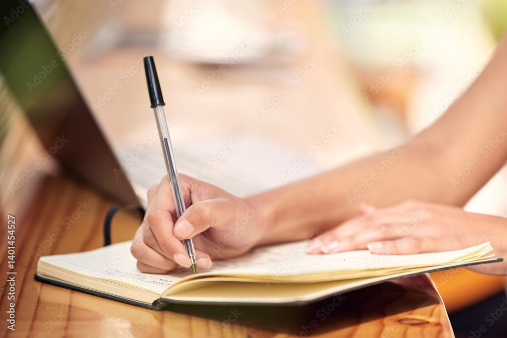 Poster writing, hands and florist with notebook for inventory, stocktake or order products in office. small