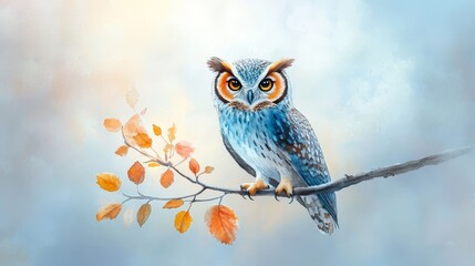 Serene Owl on Autumn Branch - A majestic blue owl perched on a branch adorned with autumn leaves, set against a soft, light blue background