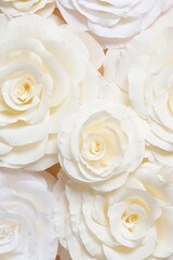 Beautiful white paper flowers as background, top view