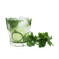 Healthy drink with parsley and cucumber on white background