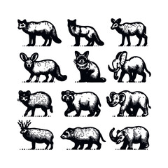 Farm animals silhouette collection including dog, horse, goat, cow, elephant, wild animals, cat, deer, lion, giraffe, pig, sheep, tiger, and wolf in vector style