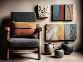 Artistic arrangement of chair, wall textures, and pottery.

