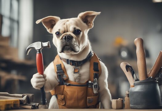 background funny isolated worker white showing thumbs dog hammer toolbelt puppy gesture pet mender tool maintenance home occupation renovation men at work contractor labor humor belt thumb up cap