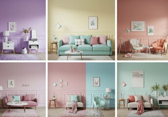 Obraz premium Panoramic collage of colorful interior room settings with coordinated decor in lavender, yellow, pink, mint, blue and orange themes
