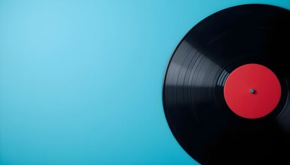 Retro black vinyl record with red label on blue background representing vintage music nostalgia sound and classic entertainment concept for creative design use