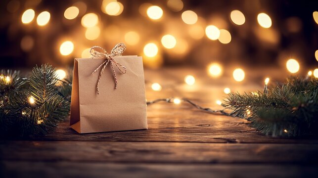 A gift bag with a bow on a wooden surface surrounded by pine branches and christmas lights bokeh