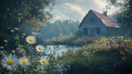 A picturesque rural scene depicts a quaint weathered wooden house led amongst vibrant wildflowers blooming near a gentle flowing stream in a misty forest.