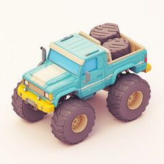 Obraz premium Colorful toy monster truck with large tires and cargo bed, isolated on white background.