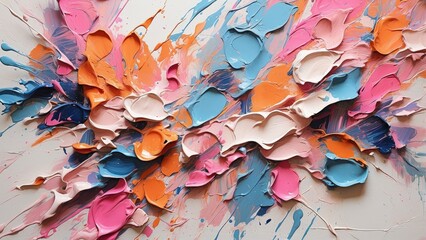 Abstract painting featuring bold strokes of vibrant colors including bright pink, blue, and orange against a textured white backdrop