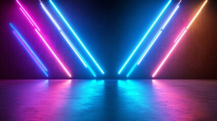 Fototapeta premium Vibrant Neon Lights Stage - Bright blue and pink neon lights illuminate a dark stage, creating a dynamic and energetic atmosphere. Perfect for backgrounds