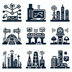 Obraz premium Set of industrial factory icons featuring oil refinery, energy towers, and urban skyline in black silhouette style