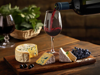 Delicious blue cheese and grapes on wood cutting board with red wine pouring into glass