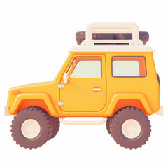 Yellow off-road vehicle with a roof rack designed for adventure and exploration on white isolated background.