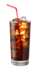 Glass of cola with ice cubes isolated on white