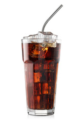 Glass of cola with ice cubes isolated on white