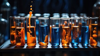 a group of test tubes with orange and blue liquid in them on a dark background, pathology sample test tubes, test tubes