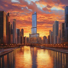 Fototapeta premium Urban skyline glowing with sunset over calm waters high resolution picture