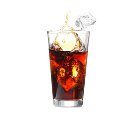 Ice cubes falling into glass of cola isolated on white