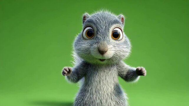 Cute animated squirrel character standing cheerfully against a vibrant green background
