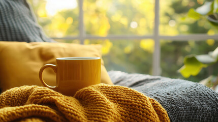 A warm yellow mug of tea rests on a cozy yellow knit blanket draped over a comfortable armchair near a large window with an autumnal view.