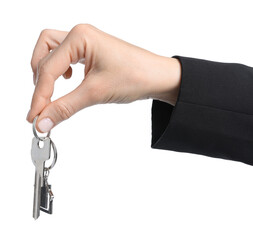 Real estate agent holding key with house shaped keychain on white background, closeup