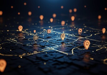 City street plan with location pin pointers. Urban map with glowing navigation markers. Digital network system and online positioning for business, travel