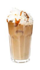 Tasty iced coffee with whipped cream isolated on white