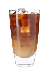 Tasty iced coffee in glass isolated on white