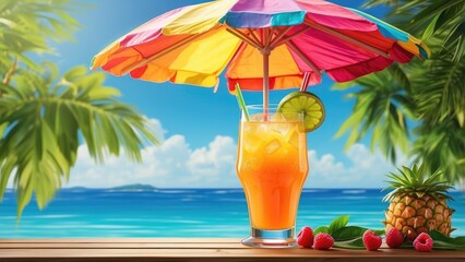 A colorful, layered cocktail served in a tall glass adorned with a paper umbrella and citrus slices
