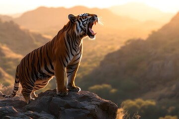 A tiger standing on a rock roaring with mountains and a sunset in the background in a wildlife scene