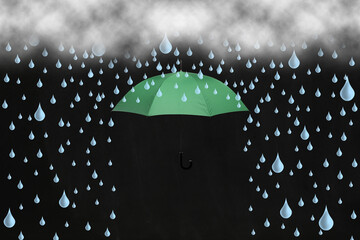 Green umbrella protecting from pouring rain. Illustration of cloud and drops on black background