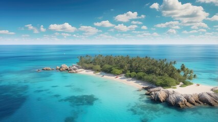 Aerial view of a tropical beach with golden sand, surrounded by lush green palm trees