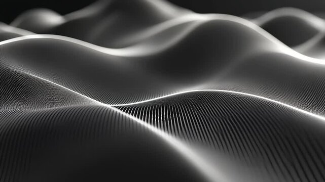 Silver curves form a digital ocean. Wavy shapes and parallel lines create an undulating landscape
