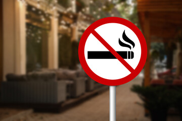 No Smoking sign near cafe on city street. Space for text