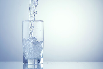 Pouring refreshing soda water into glass on light blue background, closeup. Space for text