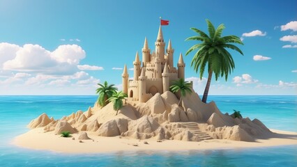 A sandcastle with small towers sits on a beach, partially surrounded by water