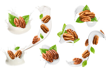 Nut milk splashes with pecans and green leaves on white background, collage