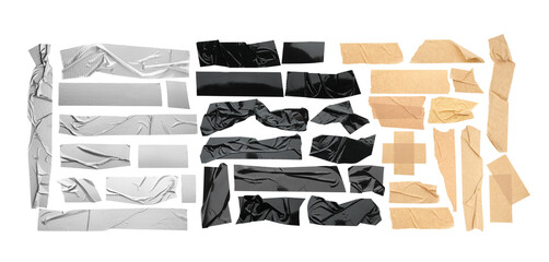 Pieces of different adhesive tapes isolated on white, set