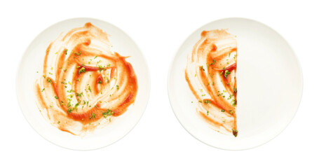 Dirty plate isolated on white, top view. Washing dish process