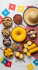 Fototapeta premium Typical June festival foods on a white table with corn cake, peanuts, corn on the cob, cookies and colorful decorations. Top view of typical June festival snacks, with straw hat and checkered cloth.